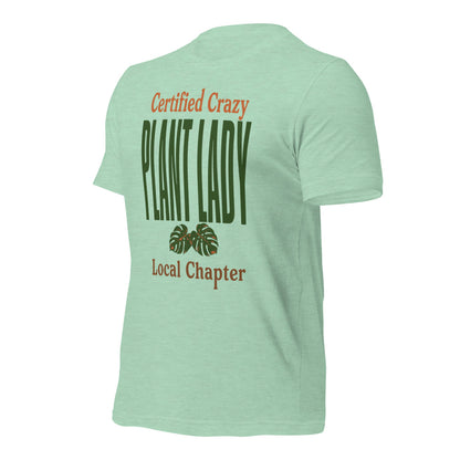 Certified Crazy Plant Lady retro botanical tee — Heather Prism Mint, front right
