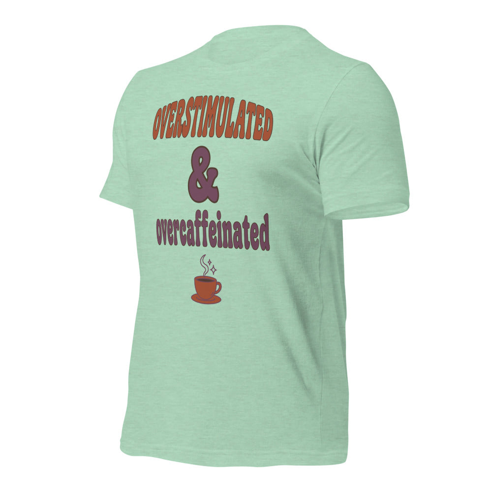 Overstimulated & Overcaffeinated soft retro coffee mental health tee — Heather Prism Mint, front-right
