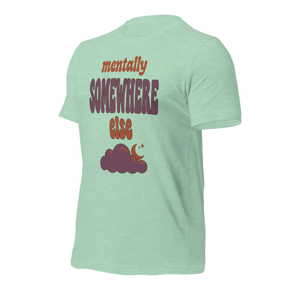 Mentally Somewhere Else soft retro daydream mental health tee — Heather Prism Mint, front-right