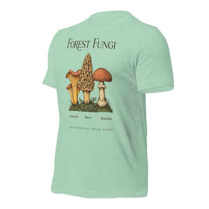 Forest Fungi vintage mushroom field guide tee — Heather Prism Mint, front-right