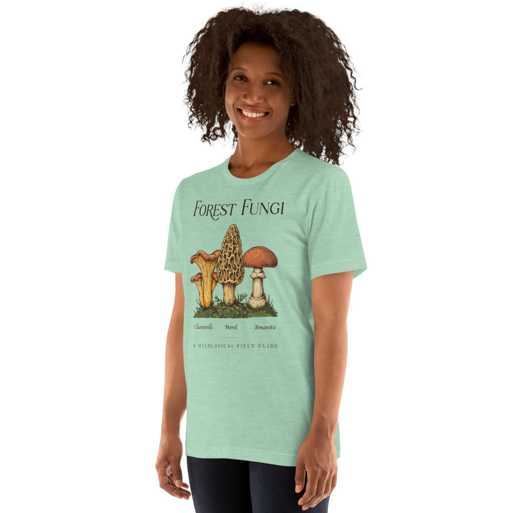 Forest Fungi vintage mushroom field guide tee — Heather Prism Mint, on model