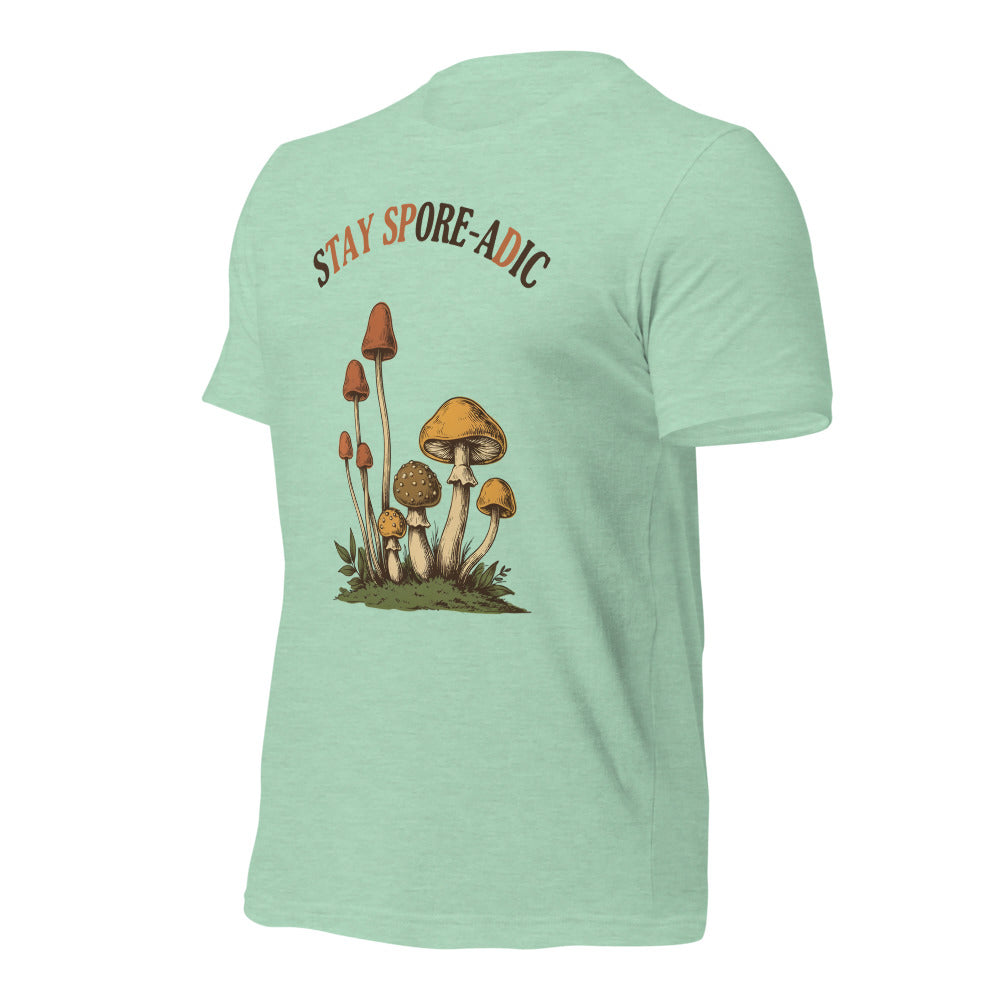 Stay Spore-adic funny vintage mushroom tee — Heather Prism Mint, front-right