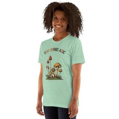 Stay Spore-adic funny vintage mushroom tee — Heather Prism Mint, on model