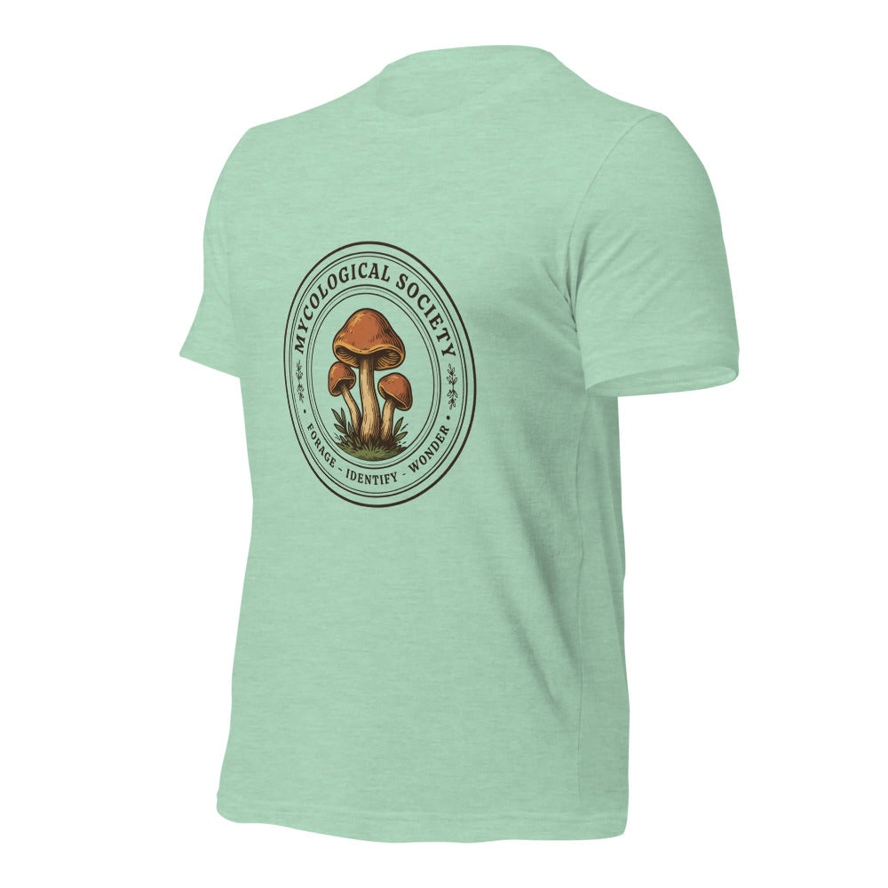 Mushroom Foraging Mycological Society vintage botanical tee — Heather Prism Mint, front-right