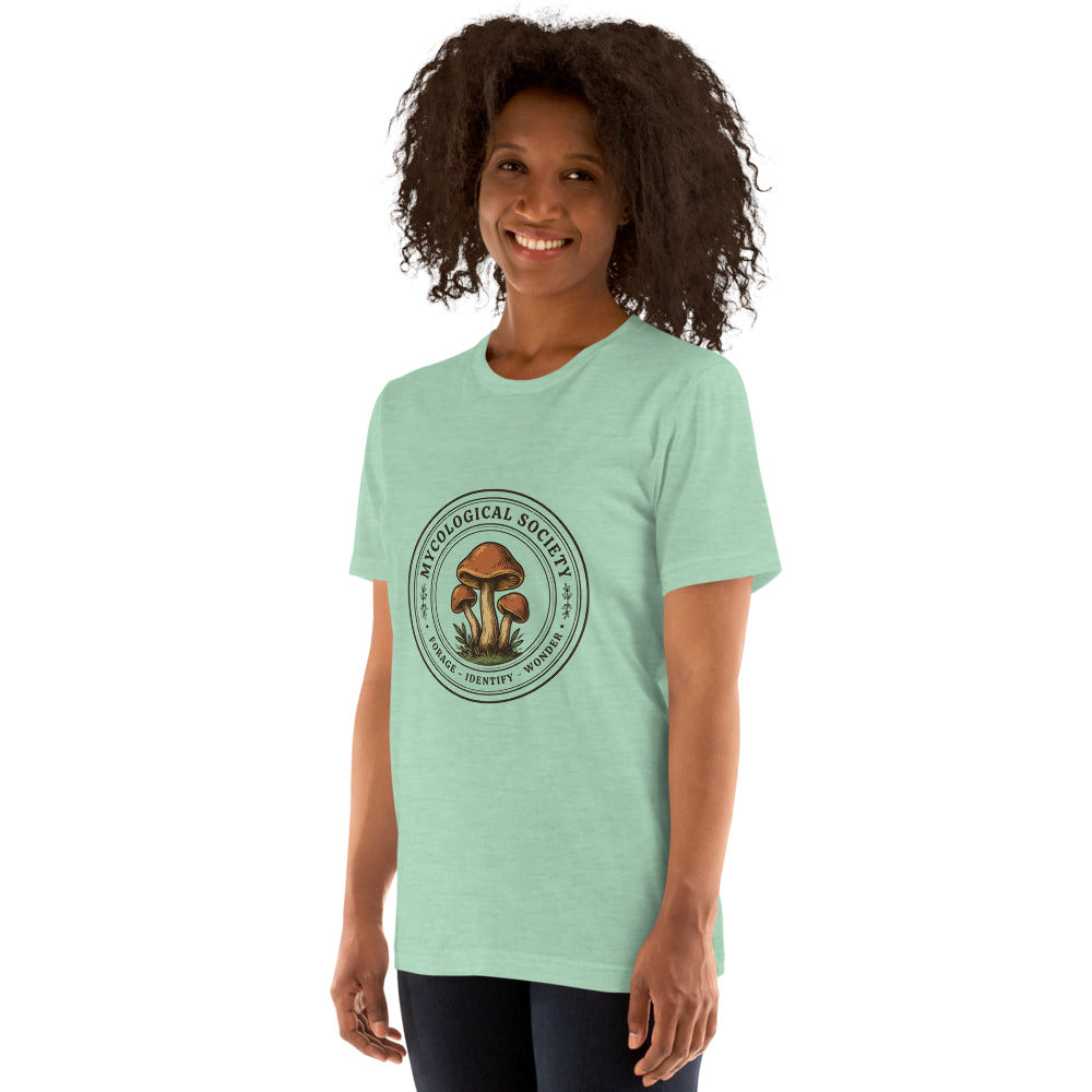 Mushroom Foraging Mycological Society vintage botanical tee — Heather Prism Mint, on model