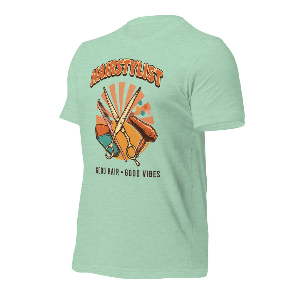 Retro Salon Hairstylist good hair good vibes tee — Heather Prism Mint, front-right