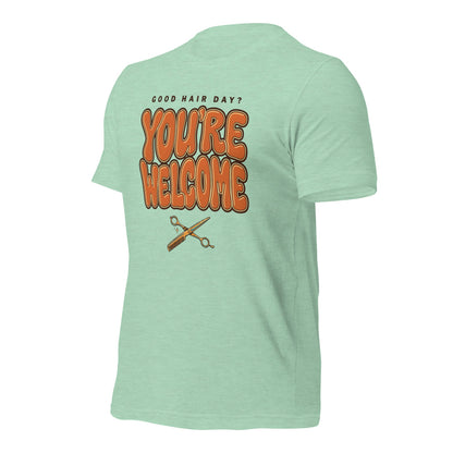 Funny hairstylist Good Hair Day You're Welcome tee — Heather Prism Mint, front-right