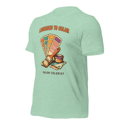 Salon colorist Licensed to Color retro tee — Heather Prism Mint, front-right