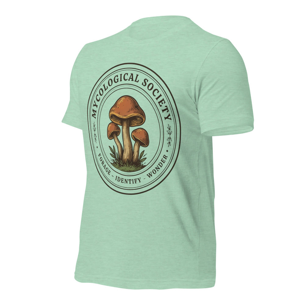 Mushroom Foraging Mycological Society vintage botanical tee — Heather Prism Mint, front-right