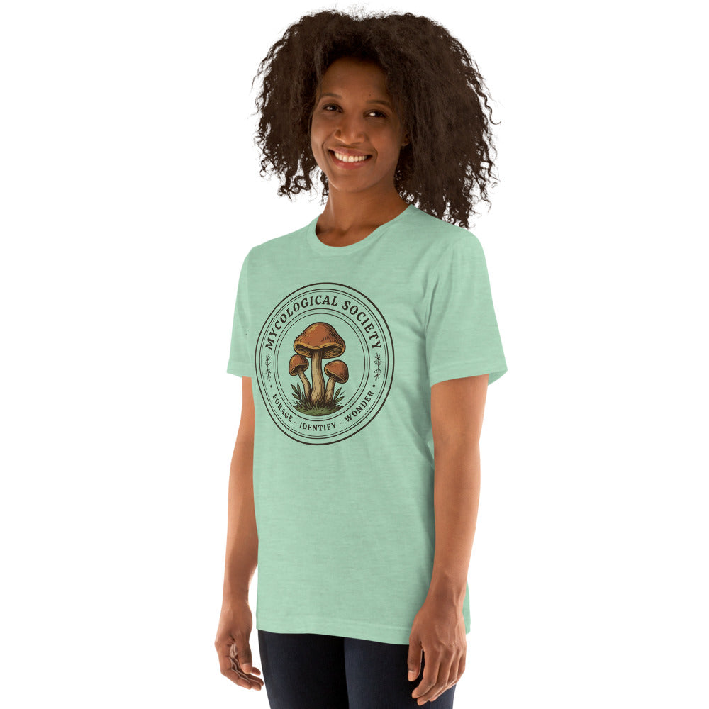 Mushroom Foraging Mycological Society vintage botanical tee — Heather Prism Mint, on model