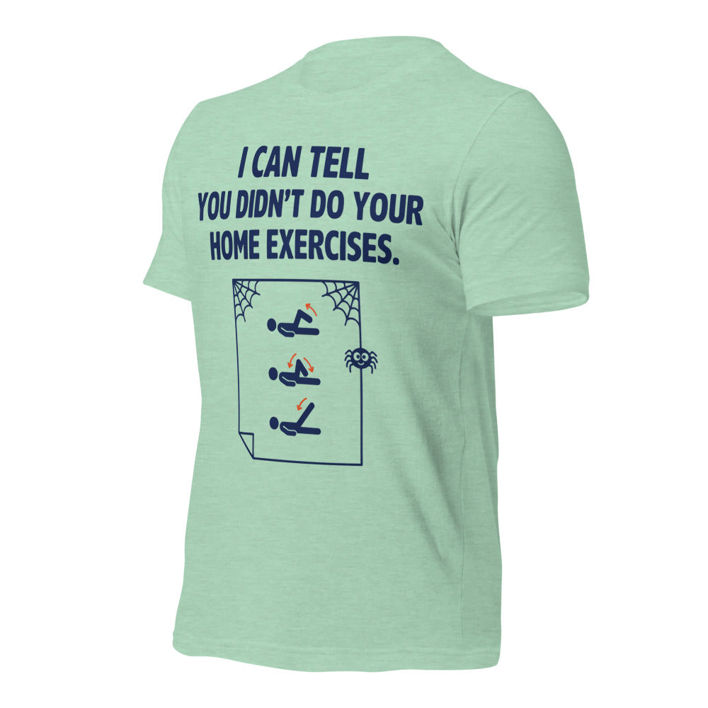 Home Exercises funny physical therapy tee — Heather Prism Mint, front-right