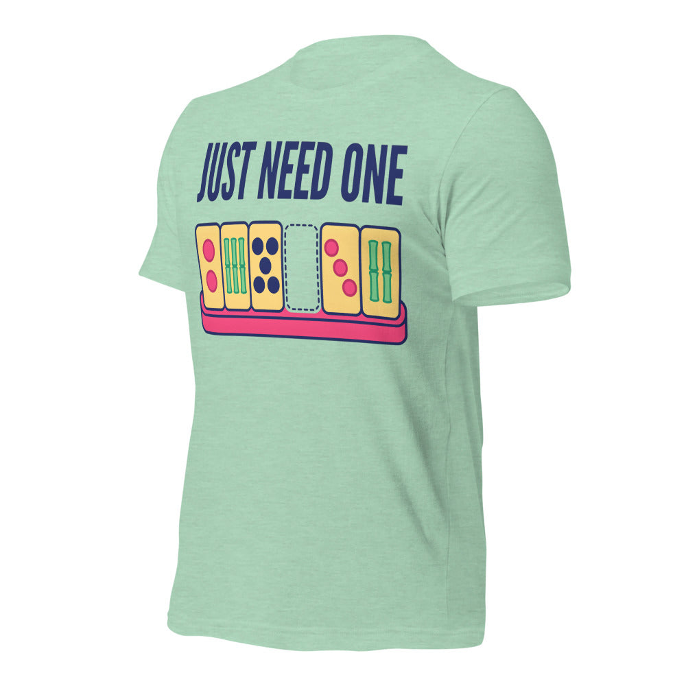 Just Need One funny mahjong tee — Heather Prism Mint, front-right