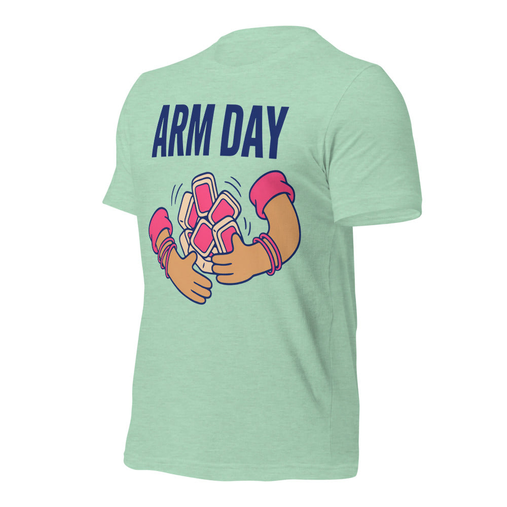 Arm Day funny mahjong tee — Heather Prism Mint, front-right