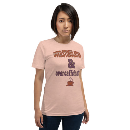 Overstimulated & Overcaffeinated soft retro coffee mental health tee — Heather Prism Peach, on model