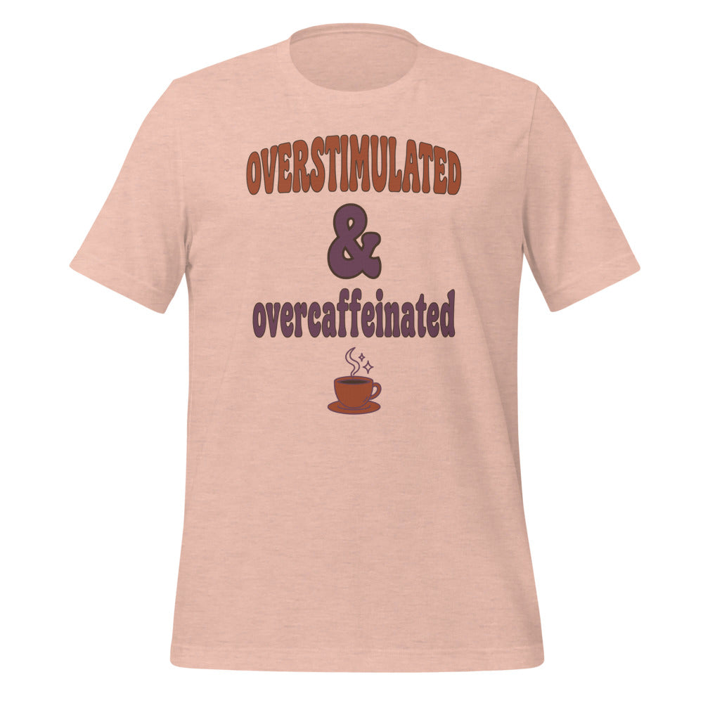 Overstimulated & Overcaffeinated soft retro coffee mental health tee — Heather Prism Peach, front