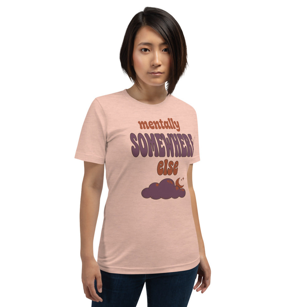 Mentally Somewhere Else soft retro daydream mental health tee — Heather Prism Peach, on model