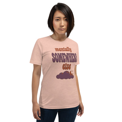 Mentally Somewhere Else soft retro daydream mental health tee — Heather Prism Peach, on model