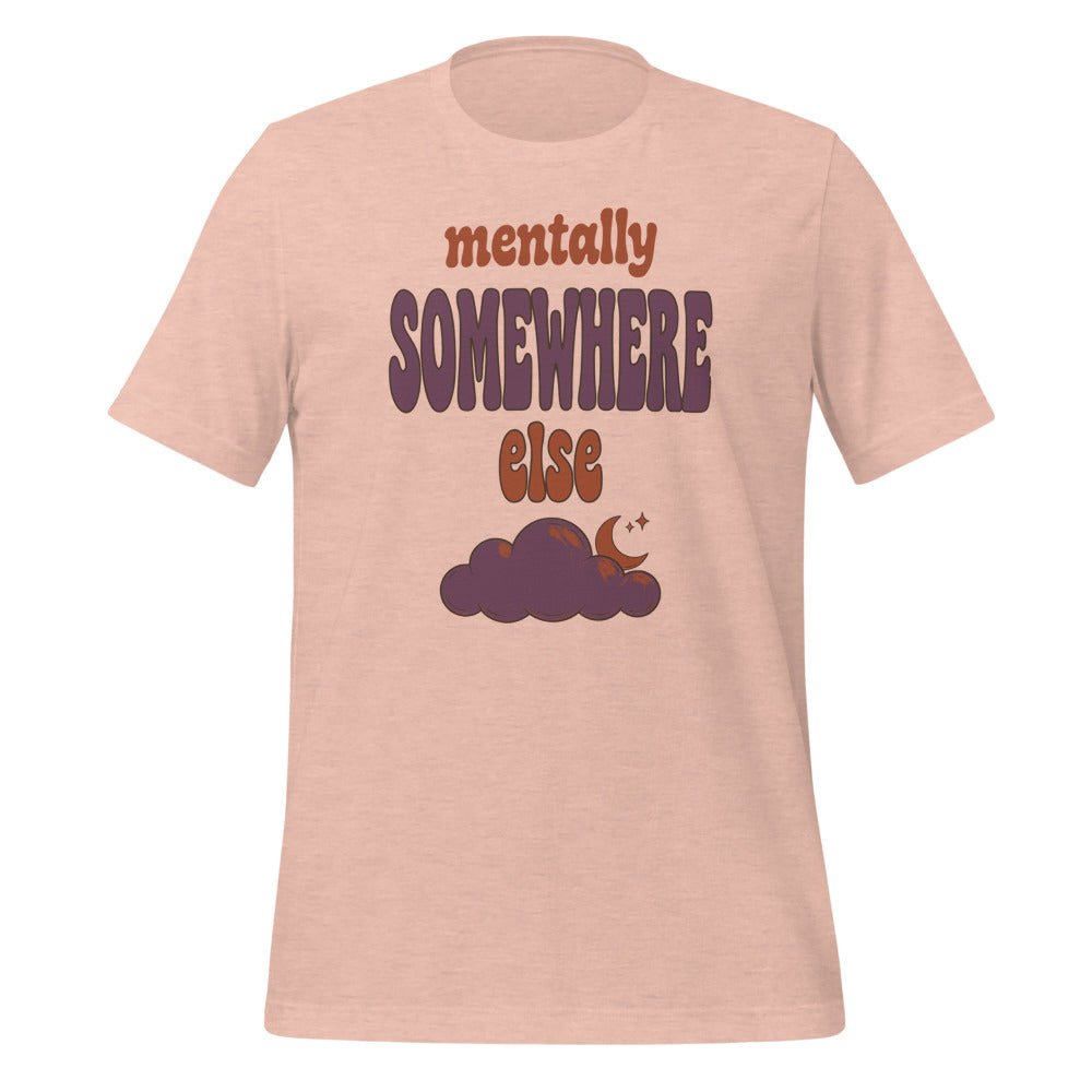 Mentally Somewhere Else soft retro daydream mental health tee — Heather Prism Peach, front