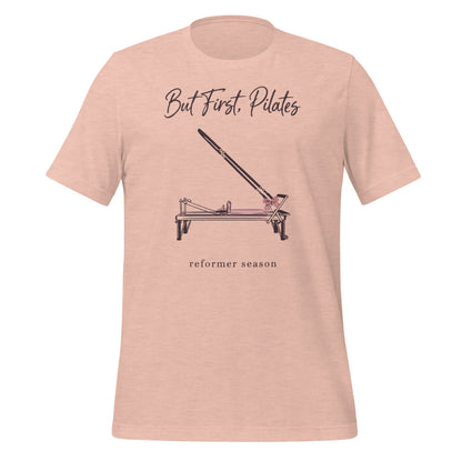 But First Pilates reformer line-art tee — Heather Prism Peach, front