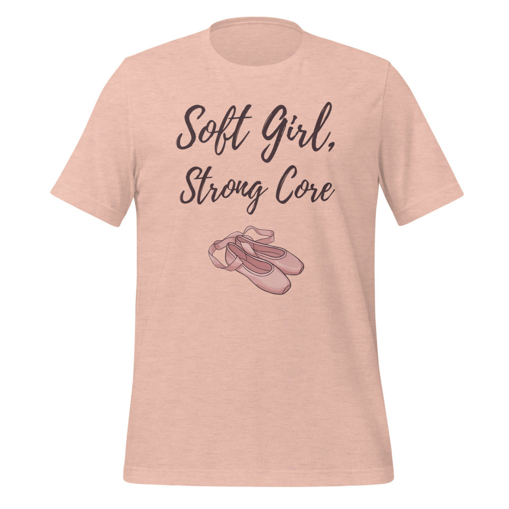 Soft Girl Strong Core ballet coquette pilates tee — Heather Prism Peach, front