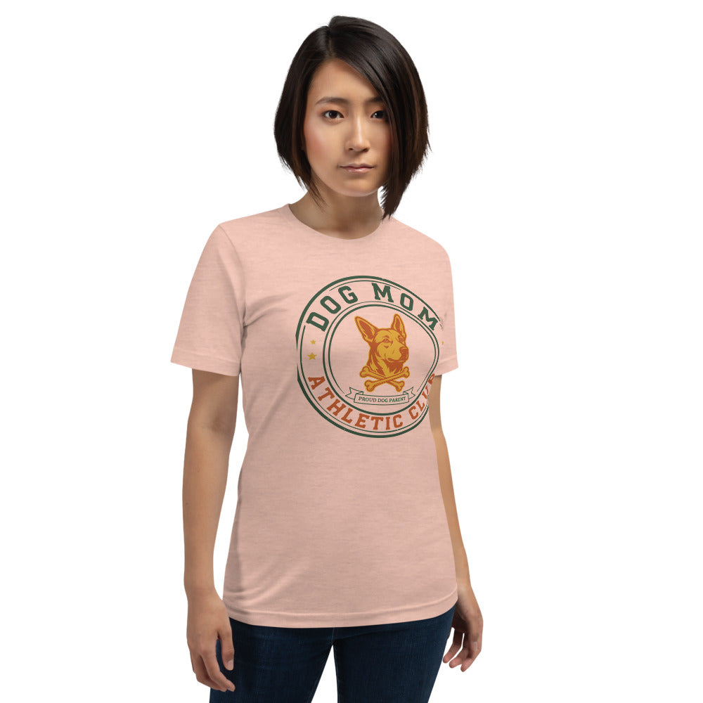 Dog Mom Athletic Club vintage varsity crest tee — Heather Prism Peach, on model