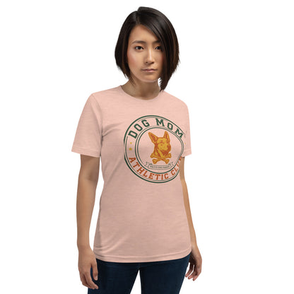 Dog Mom Athletic Club vintage varsity crest tee — Heather Prism Peach, on model