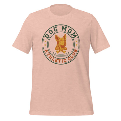 Dog Mom Athletic Club vintage varsity crest tee — Heather Prism Peach, front