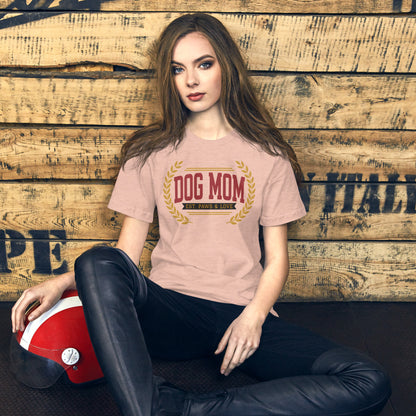 Dog Mom vintage varsity wordmark tee — Heather Prism Peach, on model