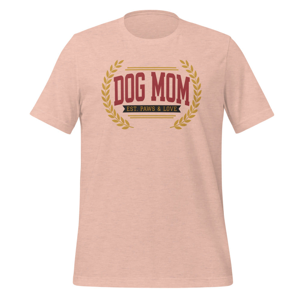 Dog Mom vintage varsity wordmark tee — Heather Prism Peach, front