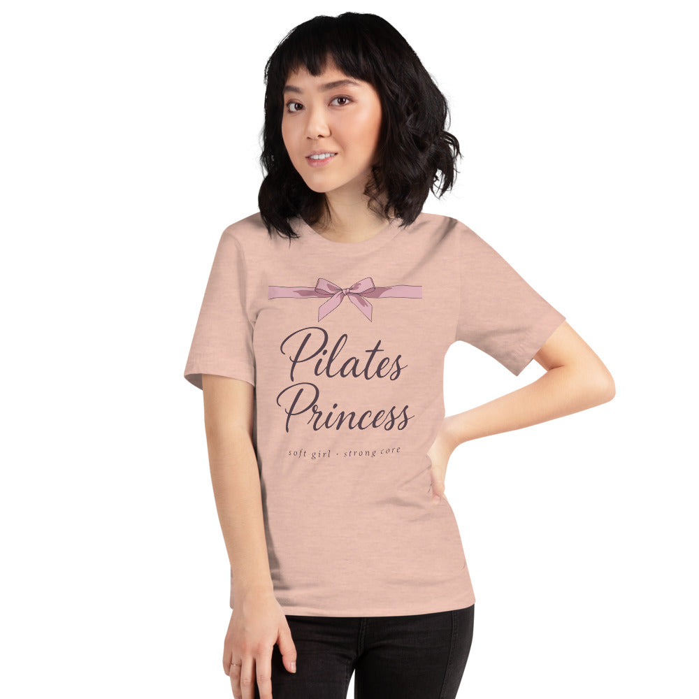 Pilates Princess coquette bow tee — Heather Prism Peach, on model