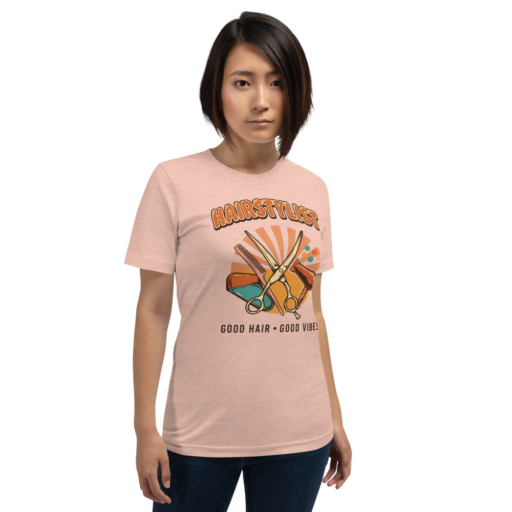 Retro Salon Hairstylist good hair good vibes tee — Heather Prism Peach, on model