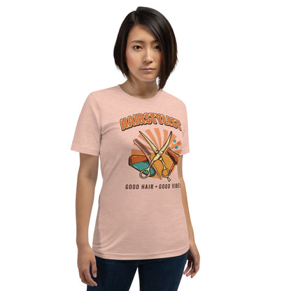 Retro Salon Hairstylist good hair good vibes tee — Heather Prism Peach, on model