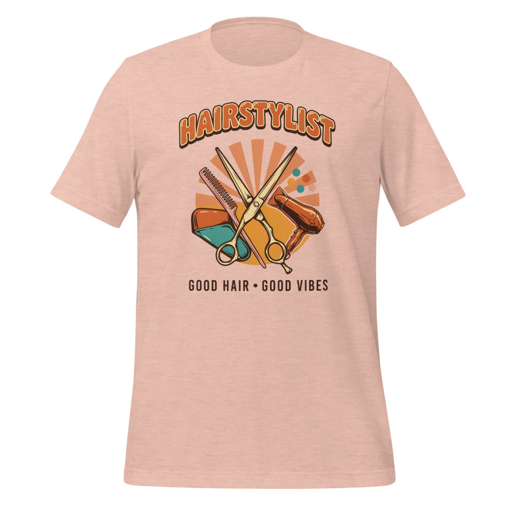 Retro Salon Hairstylist good hair good vibes tee — Heather Prism Peach, front