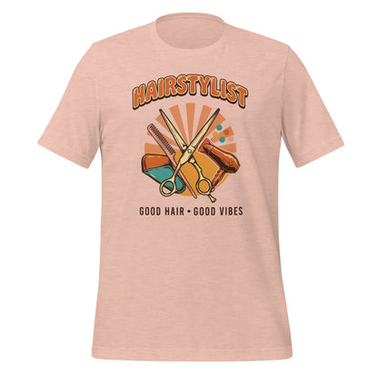 Retro Salon Hairstylist good hair good vibes tee — Heather Prism Peach, front