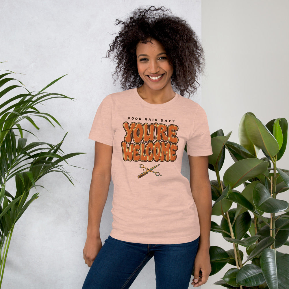 Funny hairstylist Good Hair Day You're Welcome tee — Heather Prism Peach, on model
