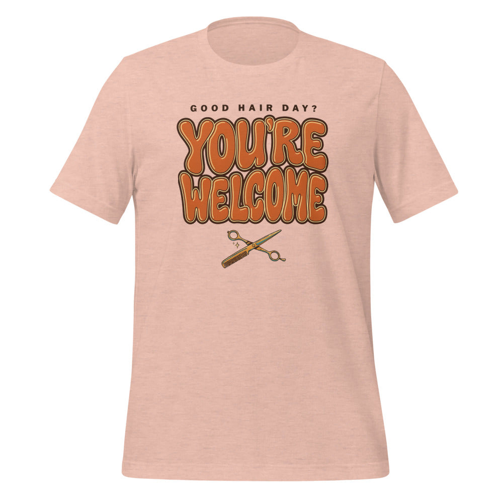 Funny hairstylist Good Hair Day You're Welcome tee — Heather Prism Peach, front