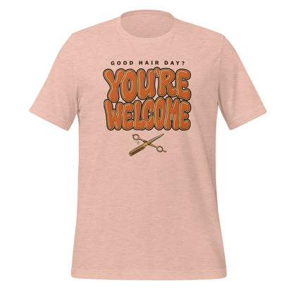 Funny hairstylist Good Hair Day You're Welcome tee — Heather Prism Peach, front