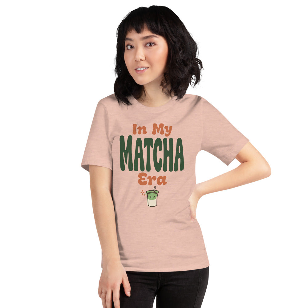 In My Matcha Era retro matcha tee — Heather Prism Peach, on model