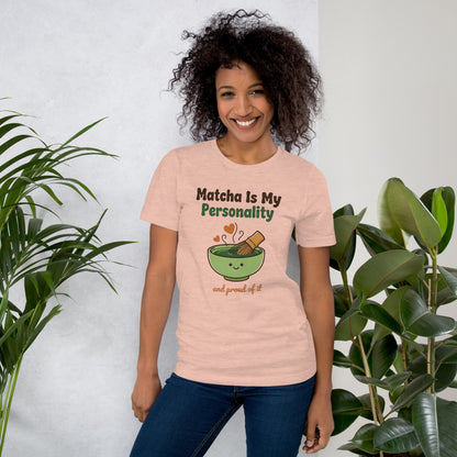 Matcha Is My Personality retro matcha tee — Heather Prism Peach, on model