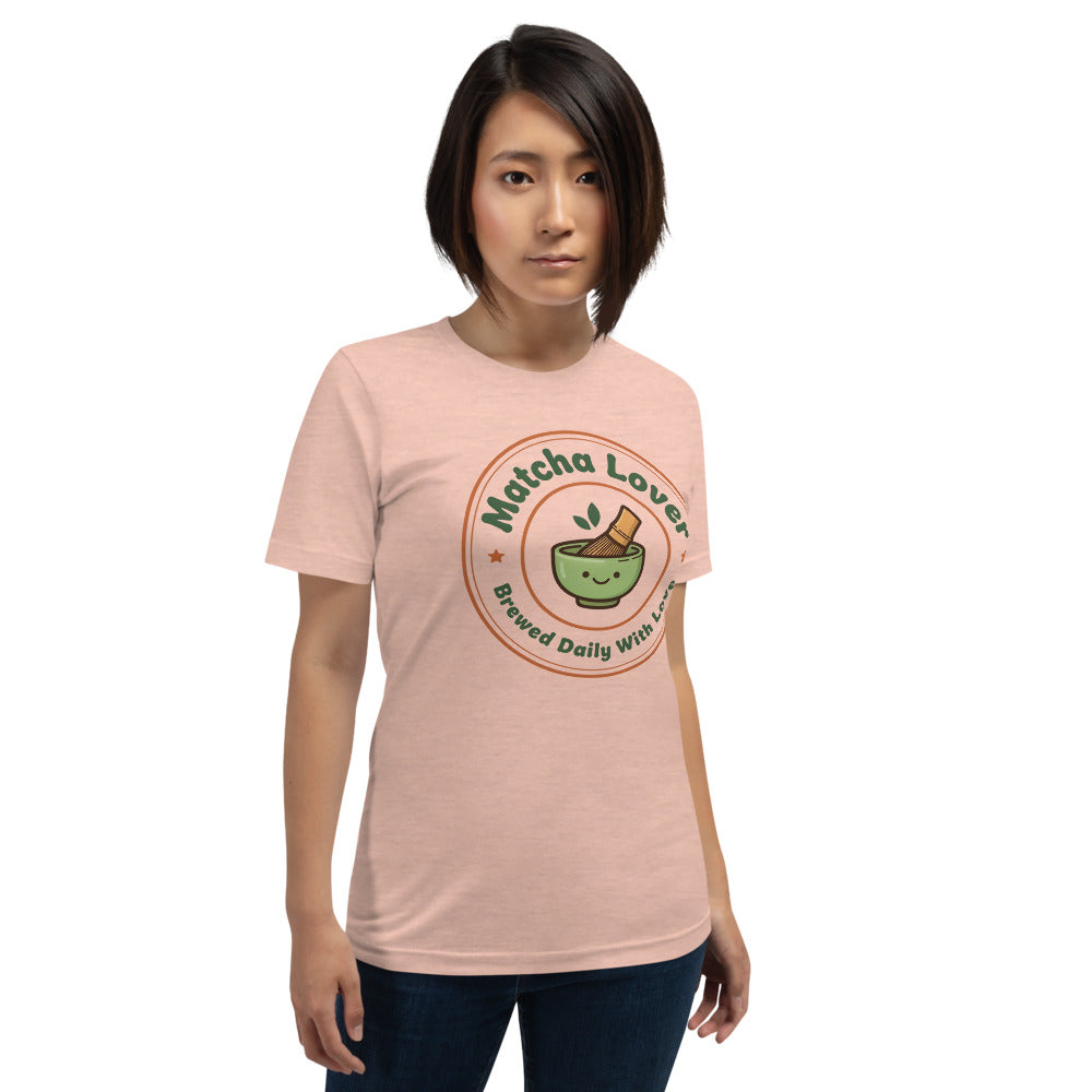 Matcha Lover retro café badge tee — Heather Prism Peach, on model