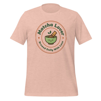 Matcha Lover retro café badge tee — Heather Prism Peach, front