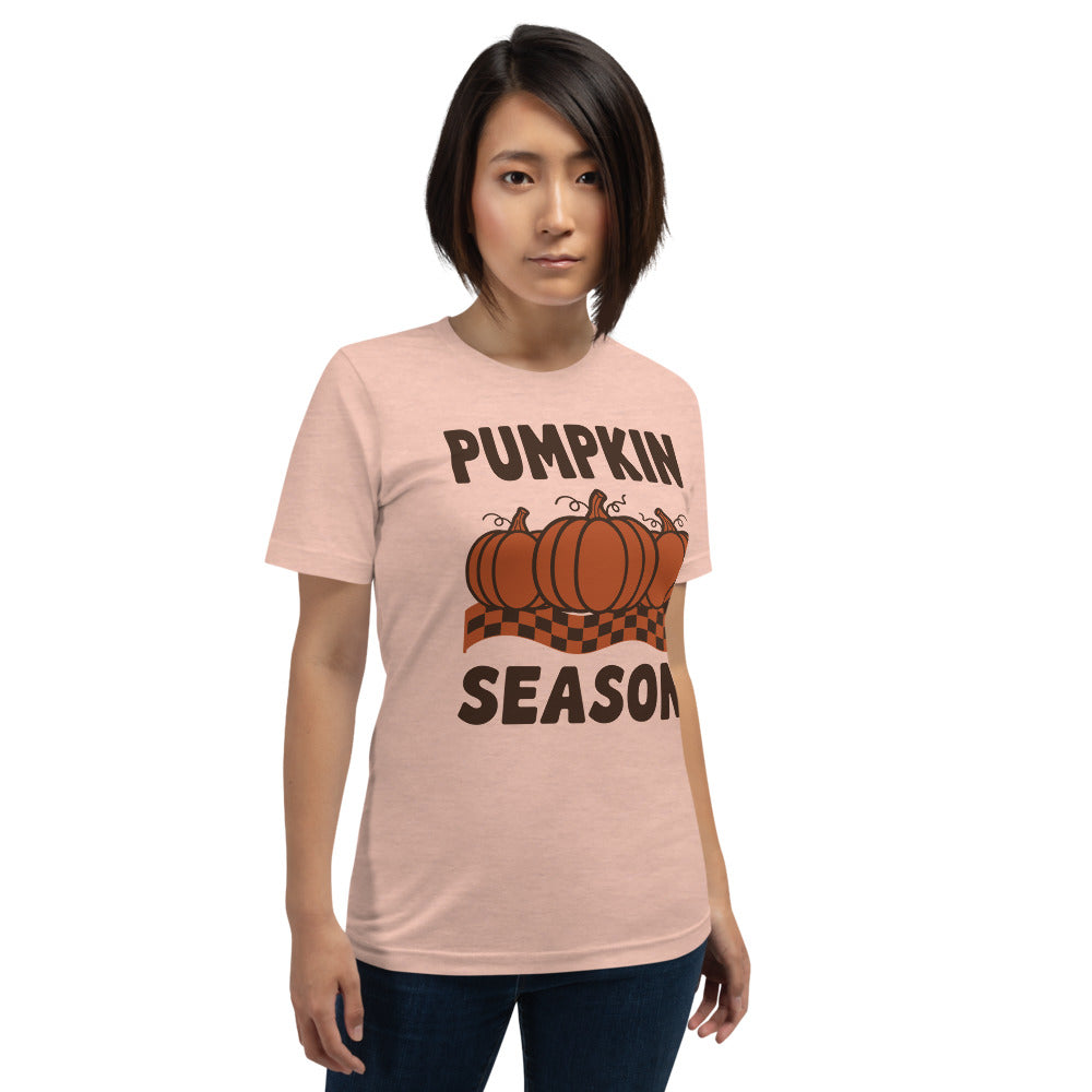 Pumpkin Season retro 70s fall t-shirt — Heather Prism Peach, on model