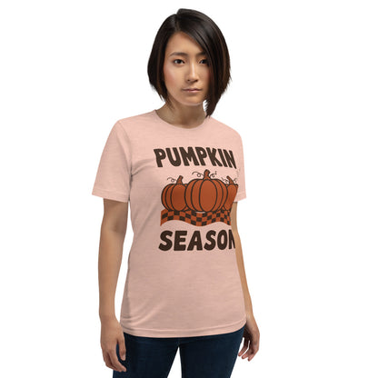Pumpkin Season retro 70s fall t-shirt — Heather Prism Peach, on model