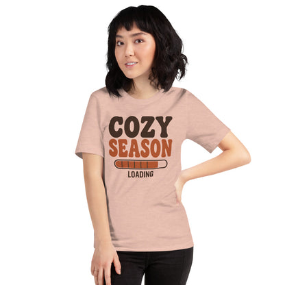 Cozy Season Loading retro 70s fall t-shirt — Heather Prism Peach, on model