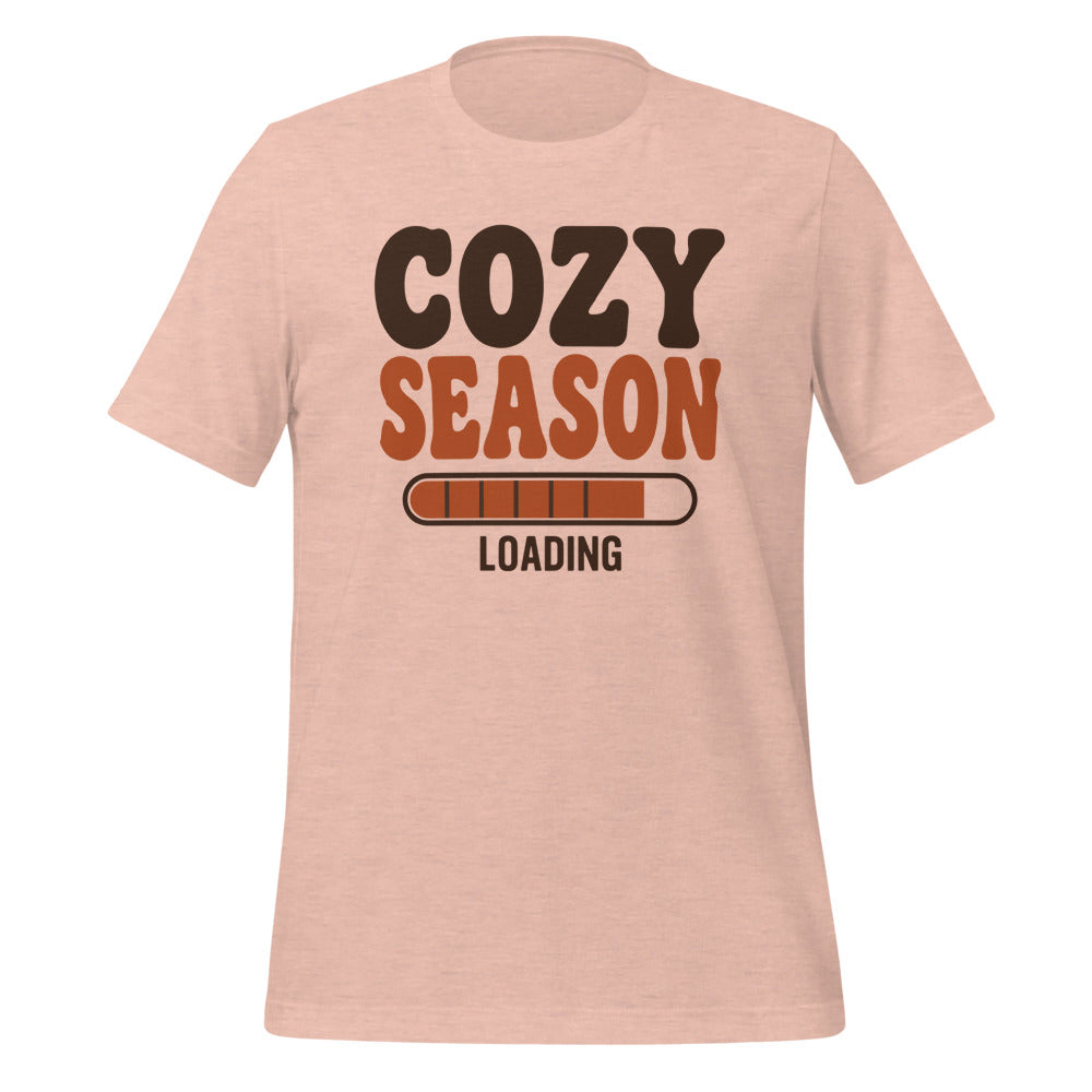 Cozy Season Loading retro 70s fall t-shirt — Heather Prism Peach, front
