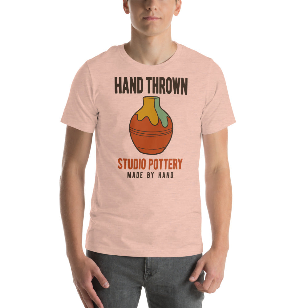 Hand Thrown Studio Pottery retro poster t-shirt — Heather Prism Peach, on model