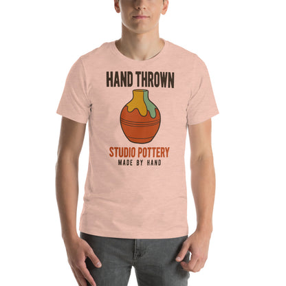 Hand Thrown Studio Pottery retro poster t-shirt — Heather Prism Peach, on model