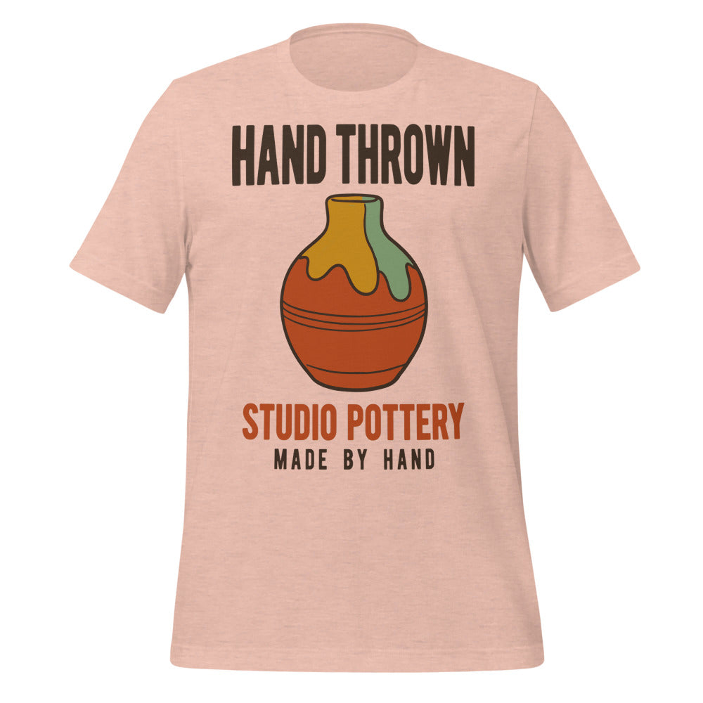 Hand Thrown Studio Pottery retro poster t-shirt — Heather Prism Peach, front