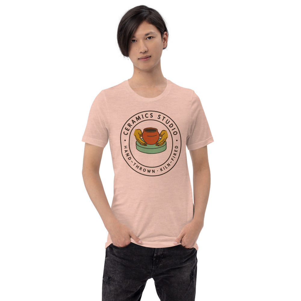 Ceramics Studio Badge hand-thrown pottery t-shirt — Heather Prism Peach, on model
