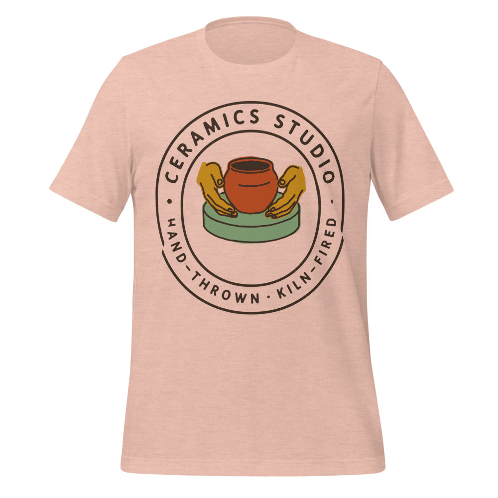 Ceramics Studio Badge hand-thrown pottery t-shirt — Heather Prism Peach, front